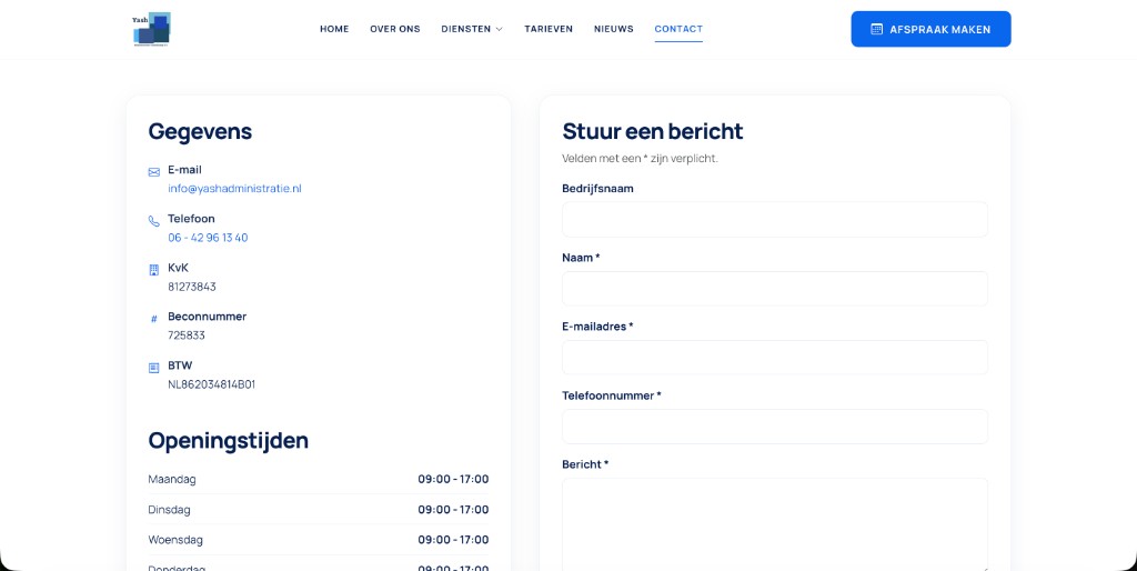 Contactpagina van Yash Administratie